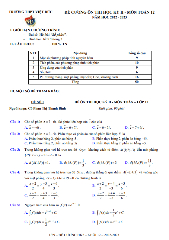 Đề ôn tập học kì 2 (HK2) lớp 12 môn Toán năm 2022 2023 trường THPT Việt Đức Hà Nội