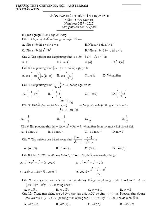 Đề ôn tập lớp 10 môn Toán tháng 02/2020 trường THPT chuyên Hà Nội Amsterdam