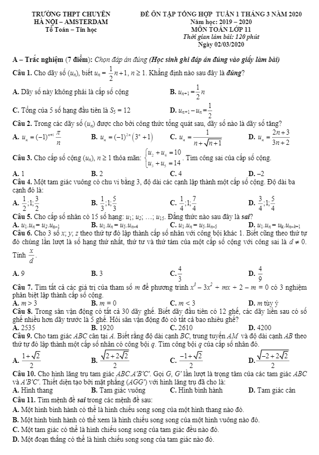 Đề ôn tập lớp 11 môn Toán tháng 03 năm 2020 trường THPT chuyên Hà Nội – Amsterdam