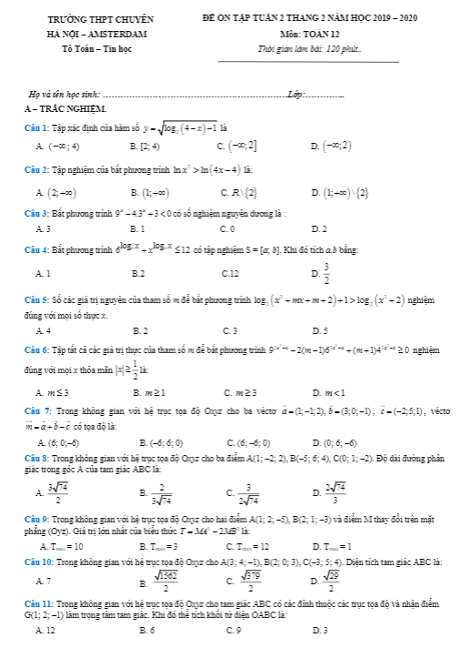 Đề ôn tập lớp 12 môn Toán tháng 02/2020 trường THPT chuyên Hà Nội – Amsterdam