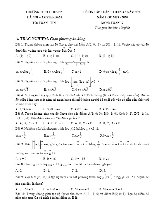 Đề ôn tập lớp 12 môn Toán tháng 03 năm 2020 trường THPT chuyên Hà Nội – Amsterdam