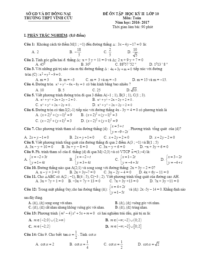 Đề ôn tập thi học kì 2 (HK2) lớp 10 môn Toán năm học 2016 2017 trường THPT Vĩnh Cửu Đồng Nai