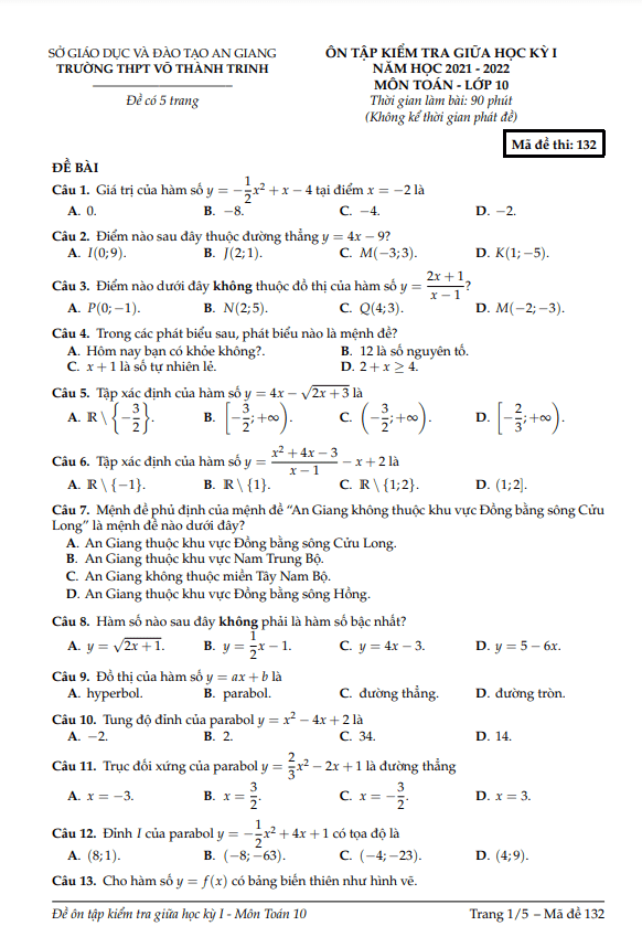Đề ôn thi giữa học kì 1 (HK1) lớp 10 môn Toán năm 2021 2022 trường THPT Võ Thành Trinh An Giang