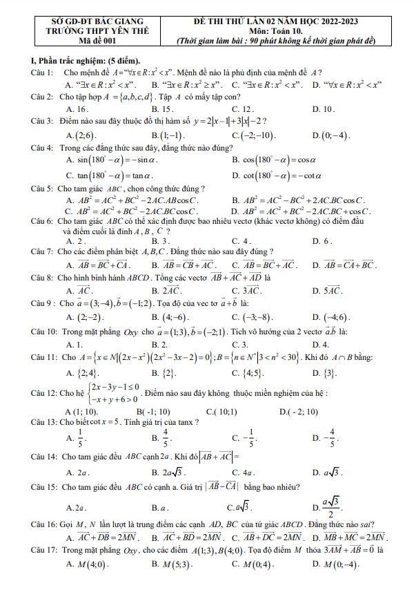 Đề rèn kỹ năng làm bài lớp 10 môn Toán lần 2 năm 2022 2023 THPT Yên Thế Bắc Giang