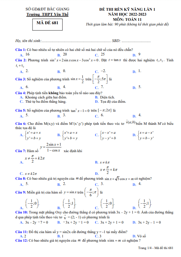 Đề rèn kỹ năng làm bài lớp 11 môn Toán lần 1 năm 2022 2023 THPT Yên Thế Bắc Giang