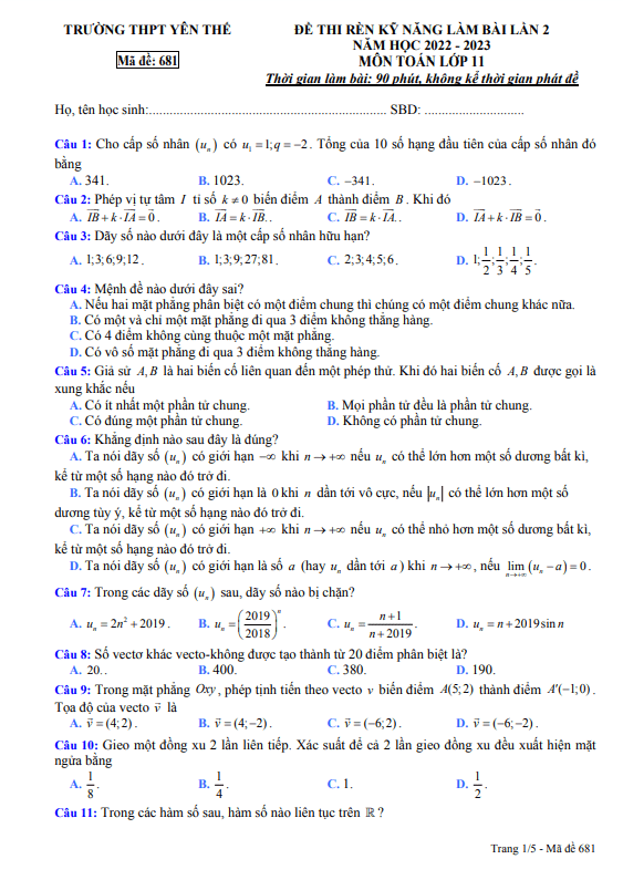 Đề rèn kỹ năng làm bài lớp 11 môn Toán lần 2 năm 2022 2023 THPT Yên Thế Bắc Giang