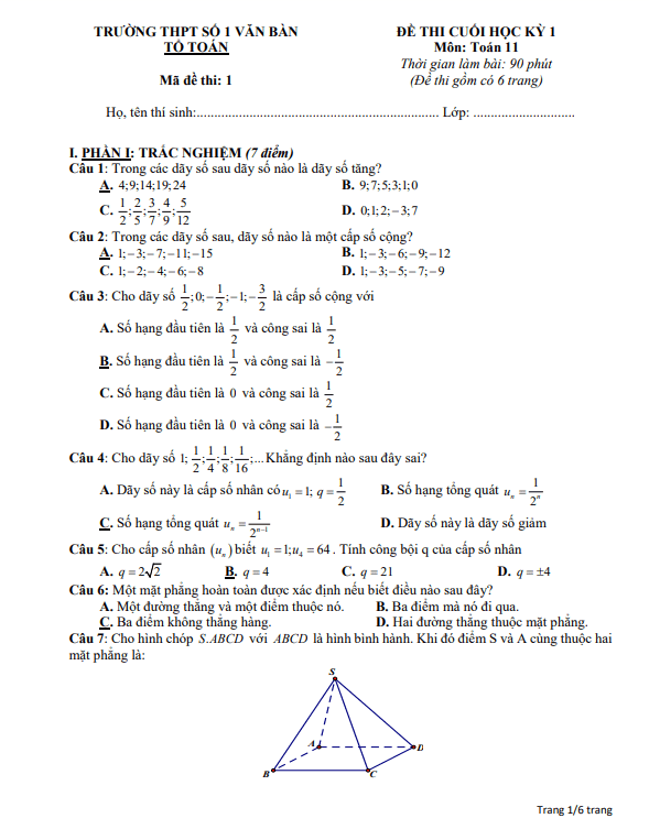 Đề tham khảo cuối học kì 1 (HK1) lớp 11 môn Toán CD năm 2023 2024 trường THPT Văn Bàn 1 Lào Cai