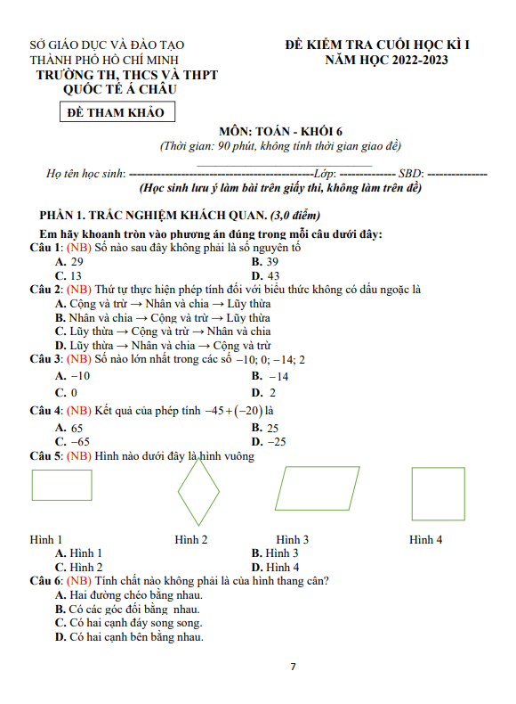 Đề tham khảo cuối học kì 1 (HK1) lớp 6 môn Toán năm 2022 2023 trường Quốc tế Á Châu TP HCM