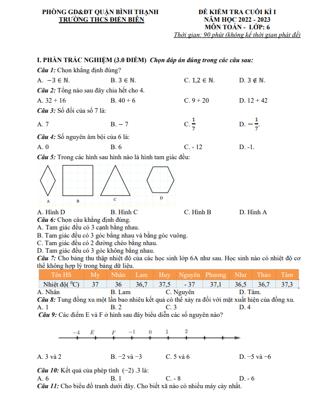 Đề tham khảo cuối học kì 1 (HK1) lớp 6 môn Toán năm 2022 2023 trường THCS Điện Biên TP HCM