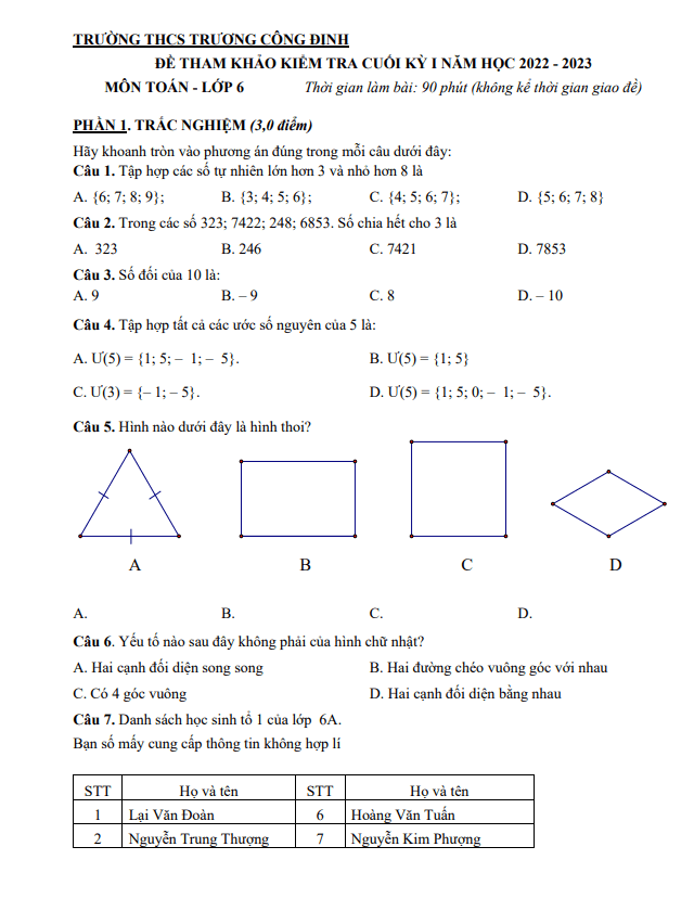 Đề tham khảo cuối học kì 1 (HK1) lớp 6 môn Toán năm 2022 2023 trường THCS Trương Công Định TP HCM