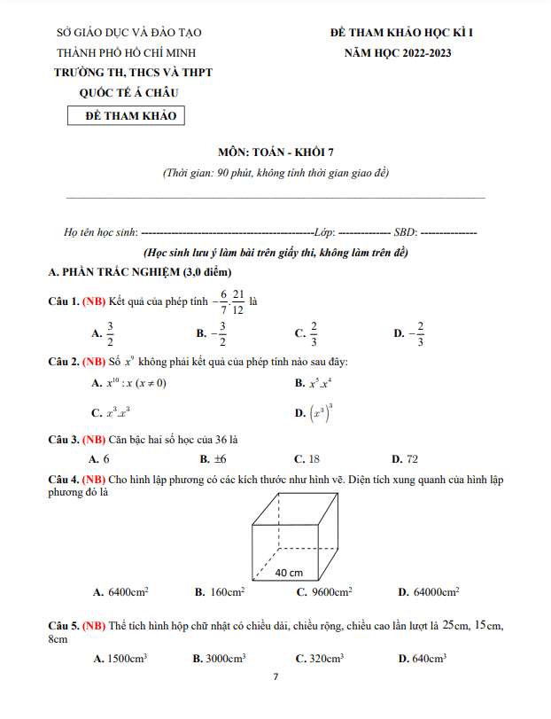 Đề tham khảo cuối học kì 1 (HK1) lớp 7 môn Toán năm 2022 2023 trường Quốc tế Á Châu TP HCM