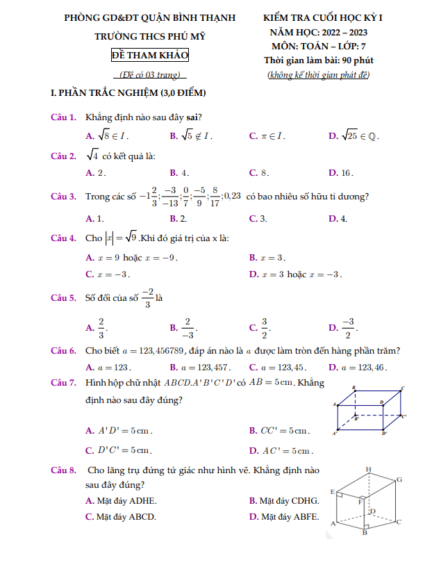Đề tham khảo cuối học kì 1 (HK1) lớp 7 môn Toán năm 2022 2023 trường THCS Phú Mỹ TP HCM