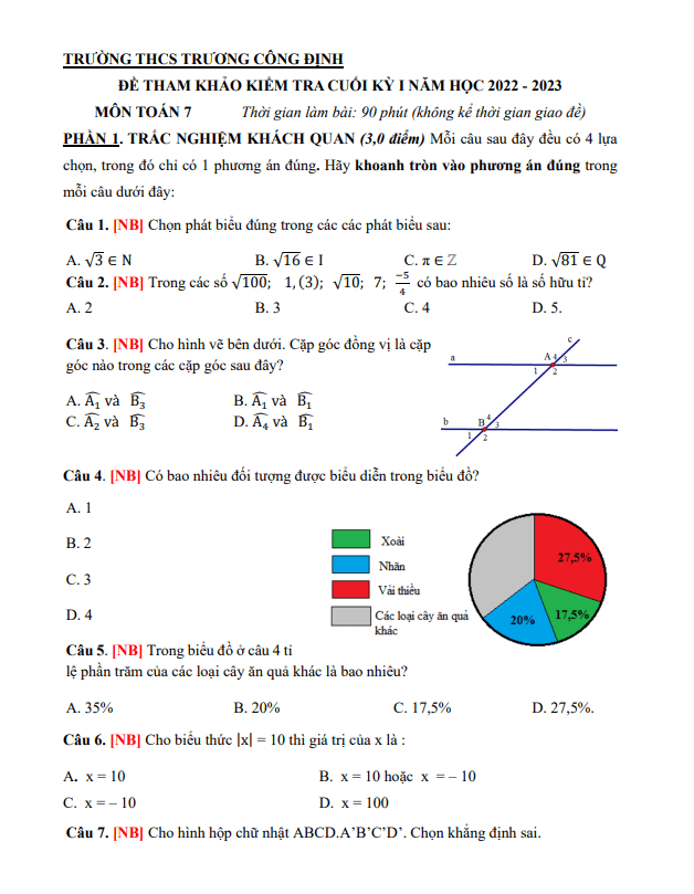 Đề tham khảo cuối học kì 1 (HK1) lớp 7 môn Toán năm 2022 2023 trường THCS Trương Công Định TP HCM