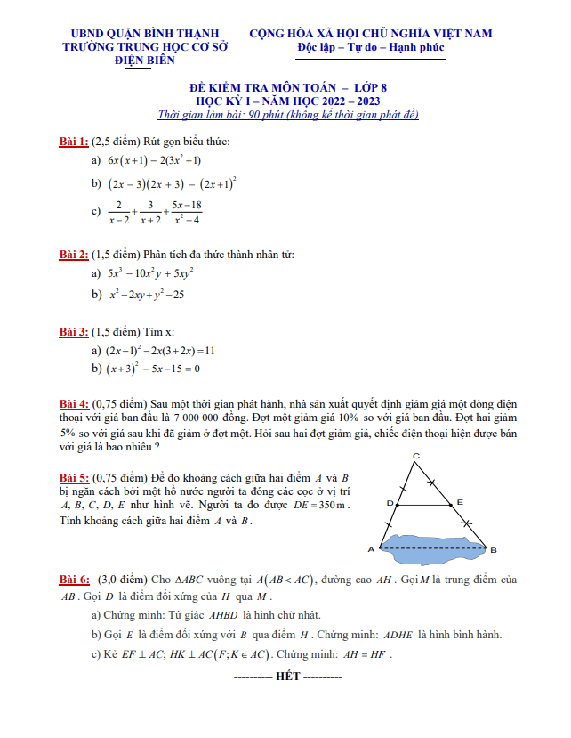 Đề tham khảo cuối học kì 1 (HK1) lớp 8 môn Toán năm 2022 2023 trường THCS Điện Biên TP HCM