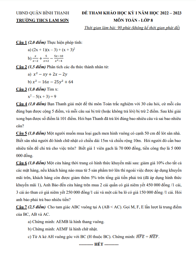 Đề tham khảo cuối học kì 1 (HK1) lớp 8 môn Toán năm 2022 2023 trường THCS Lam Sơn TP HCM