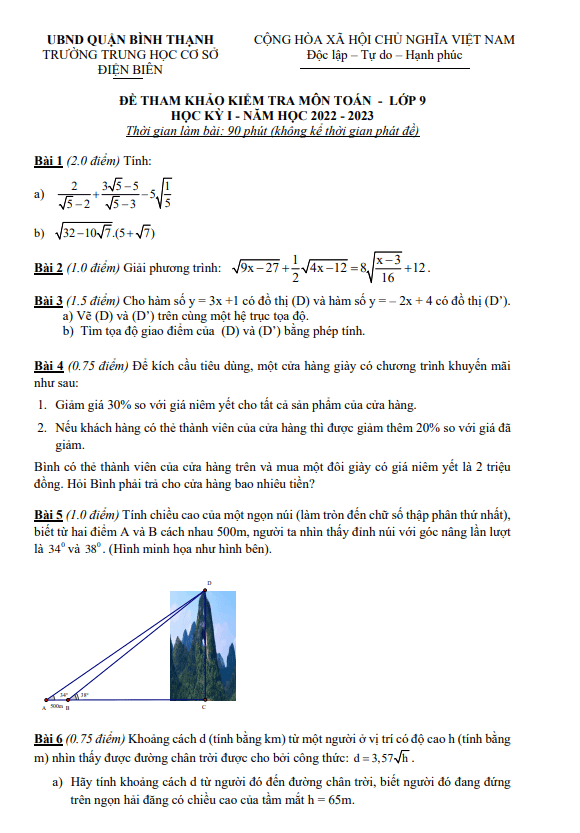 Đề tham khảo cuối học kì 1 (HK1) lớp 9 môn Toán năm 2022 2023 trường THCS Điện Biên TP HCM