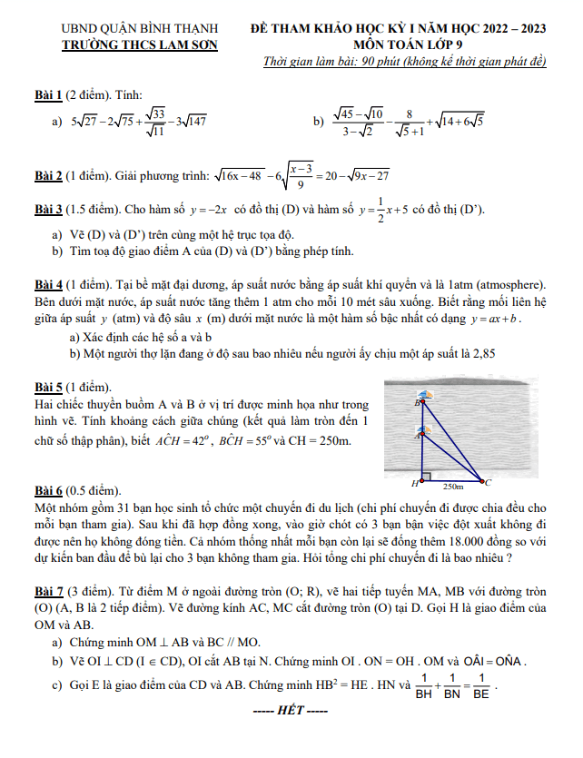 Đề tham khảo cuối học kì 1 (HK1) lớp 9 môn Toán năm 2022 2023 trường THCS Lam Sơn TP HCM