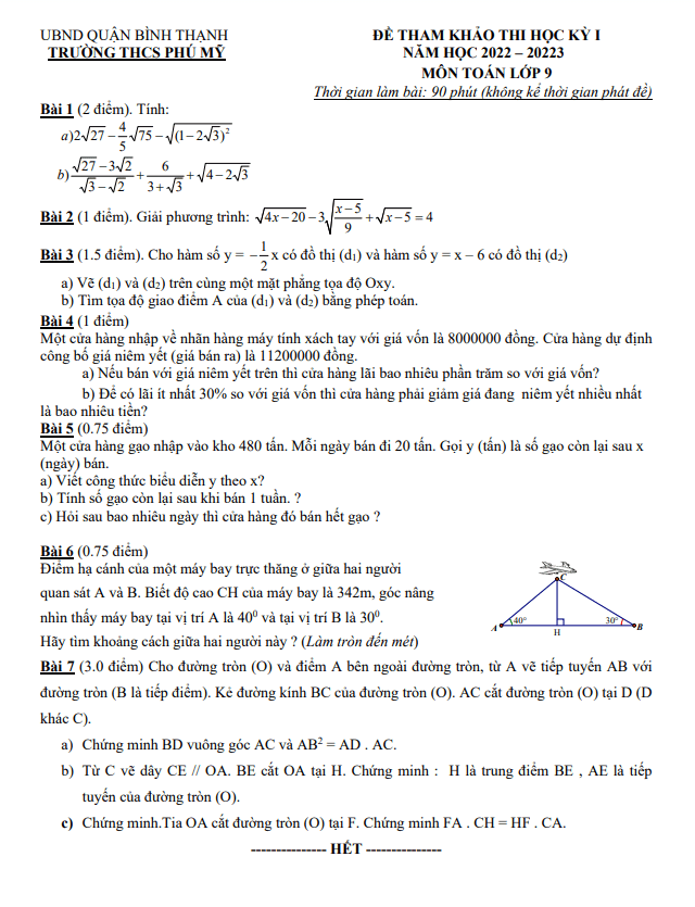 Đề tham khảo cuối học kì 1 (HK1) lớp 9 môn Toán năm 2022 2023 trường THCS Phú Mỹ TP HCM