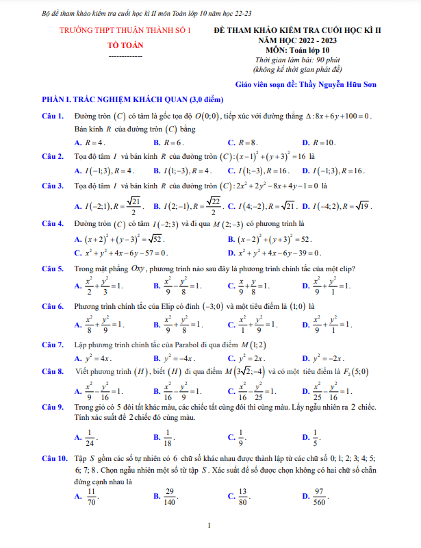 Đề tham khảo cuối học kì 2 (HK2) lớp 10 môn Toán năm 2022 2023 THPT Thuận Thành 1 Bắc Ninh