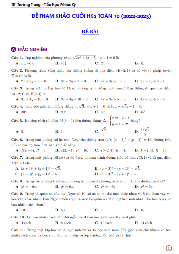 Đề tham khảo cuối học kì 2 (HK2) lớp 10 môn Toán năm 2022 2023 trường Pétrus Ký Bình Dương