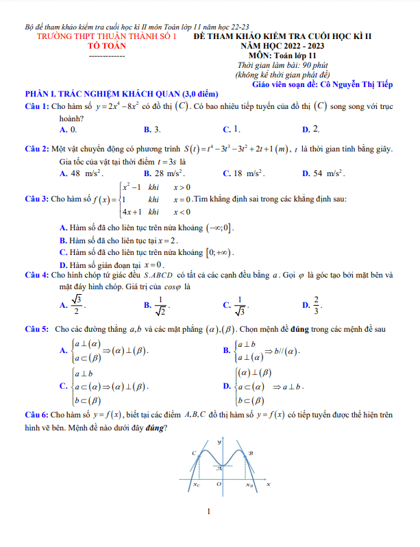 Đề tham khảo cuối học kì 2 (HK2) lớp 11 môn Toán năm 2022 2023 THPT Thuận Thành 1 Bắc Ninh