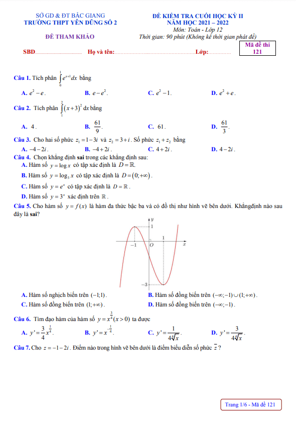 Đề tham khảo cuối học kì 2 (HK2) lớp 12 môn Toán năm 2021 2022 trường Yên Dũng 2 Bắc Giang