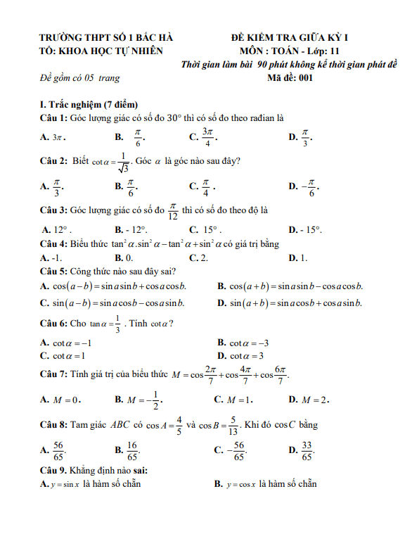Đề tham khảo giữa học kì 1 (HK1) lớp 11 môn Toán CD năm 2023 2024 trường THPT Bắc Hà 1 Lào Cai