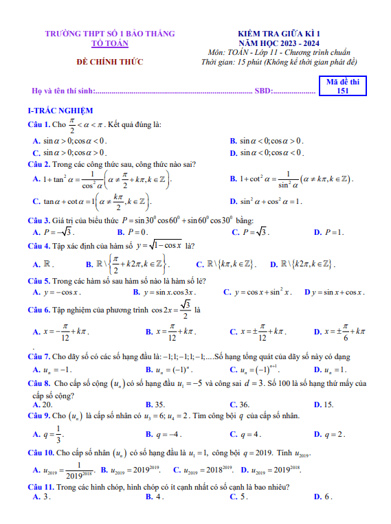 Đề tham khảo giữa học kì 1 (HK1) lớp 11 môn Toán CTST năm 2023 2024 trường THPT Bảo Thắng 1 Lào Cai