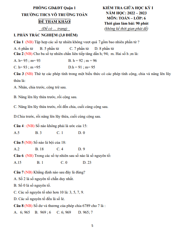 Đề tham khảo giữa học kì 1 (HK1) lớp 6 môn Toán năm 2022 2023 THCS Võ Trường Toản TP HCM