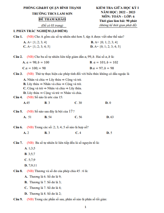 Đề tham khảo giữa học kì 1 (HK1) lớp 6 môn Toán năm 2022 2023 trường THCS Lam Sơn TP HCM