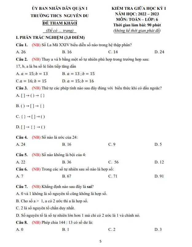 Đề tham khảo giữa học kì 1 (HK1) lớp 6 môn Toán năm 2022 2023 trường THCS Nguyễn Du TP HCM