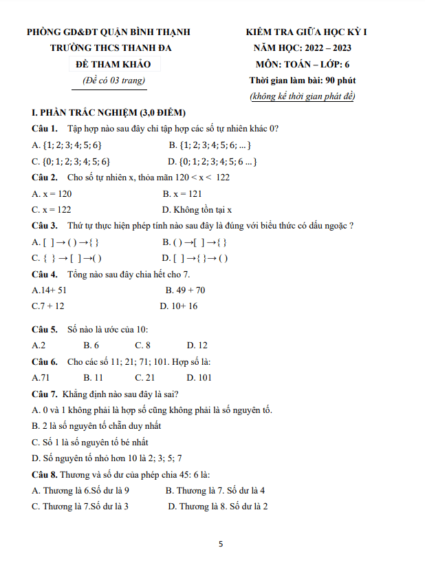 Đề tham khảo giữa học kì 1 (HK1) lớp 6 môn Toán năm 2022 2023 trường THCS Thanh Đa TP HCM