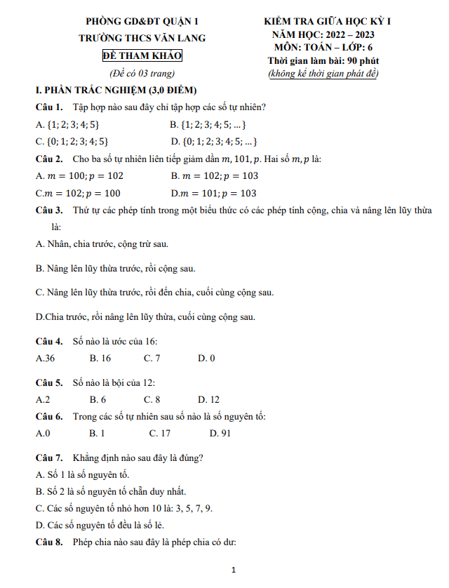 Đề tham khảo giữa học kì 1 (HK1) lớp 6 môn Toán năm 2022 2023 trường THCS Văn Lang TP HCM