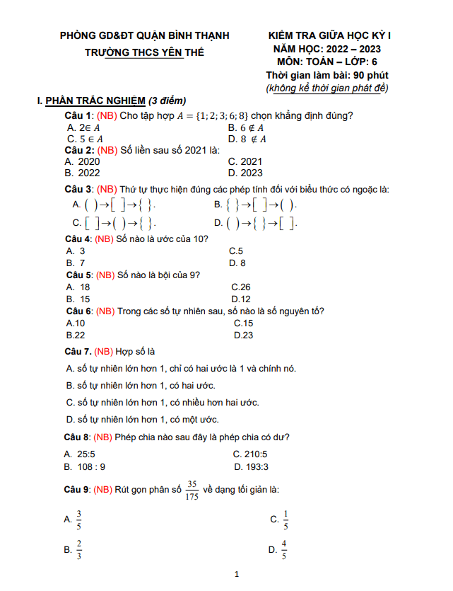 Đề tham khảo giữa học kì 1 (HK1) lớp 6 môn Toán năm 2022 2023 trường THCS Yên Thế TP HCM