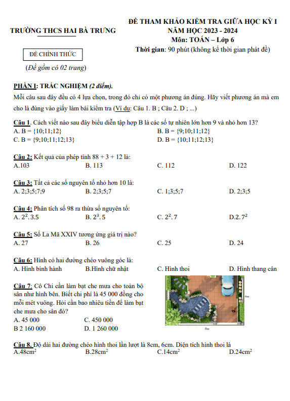 Đề tham khảo giữa học kì 1 (HK1) lớp 6 môn Toán năm 2023 2024 trường THCS Hai Bà Trưng TP HCM