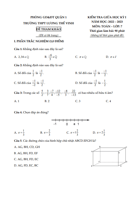 Đề tham khảo giữa học kì 1 (HK1) lớp 7 môn Toán năm 2022 2023 THCS Lương Thế Vinh TP HCM