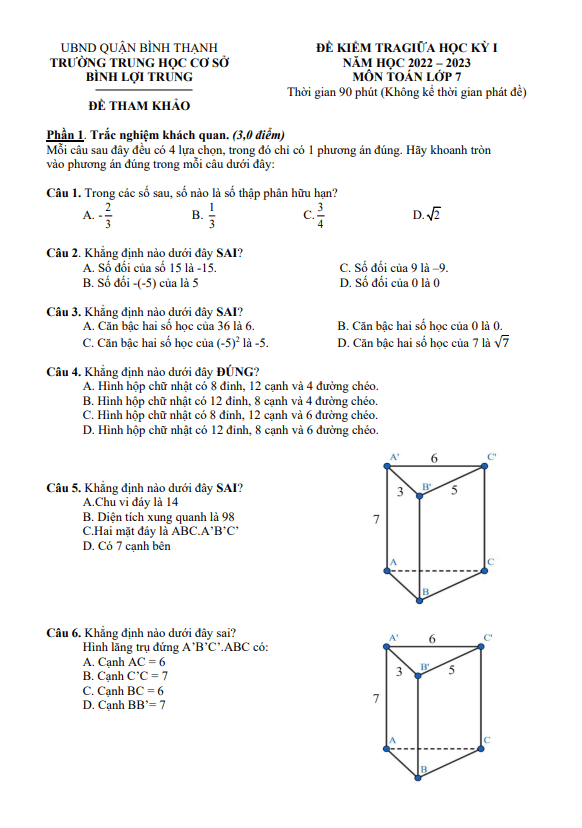 Đề tham khảo giữa học kì 1 (HK1) lớp 7 môn Toán năm 2022 2023 trường THCS Bình Lợi Trung TP HCM
