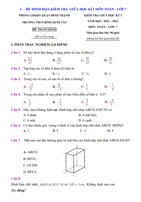 Đề tham khảo giữa học kì 1 (HK1) lớp 7 môn Toán năm 2022 2023 trường THCS Bình Quới Tây TP HCM