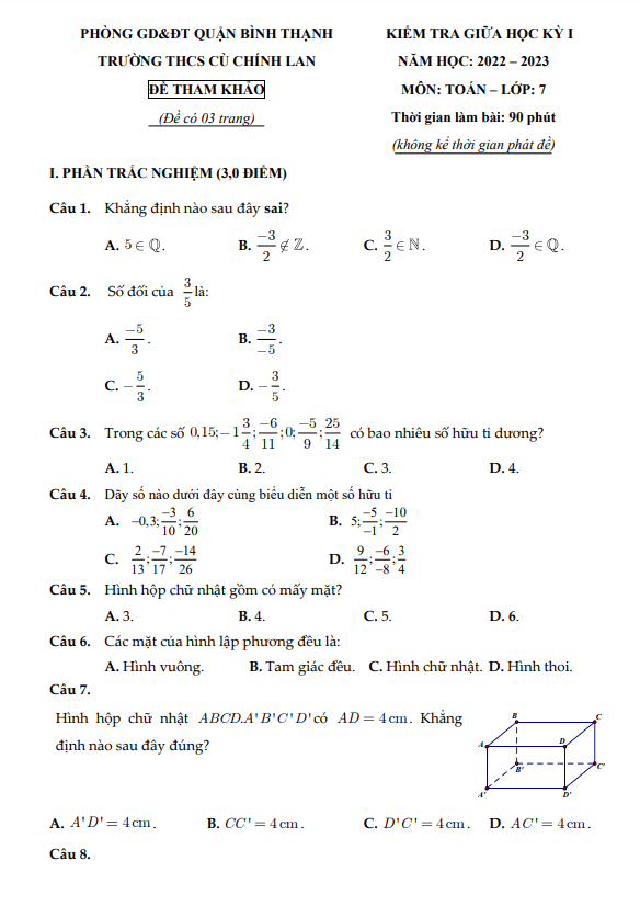 Đề tham khảo giữa học kì 1 (HK1) lớp 7 môn Toán năm 2022 2023 trường THCS Cù Chính Lan TP HCM
