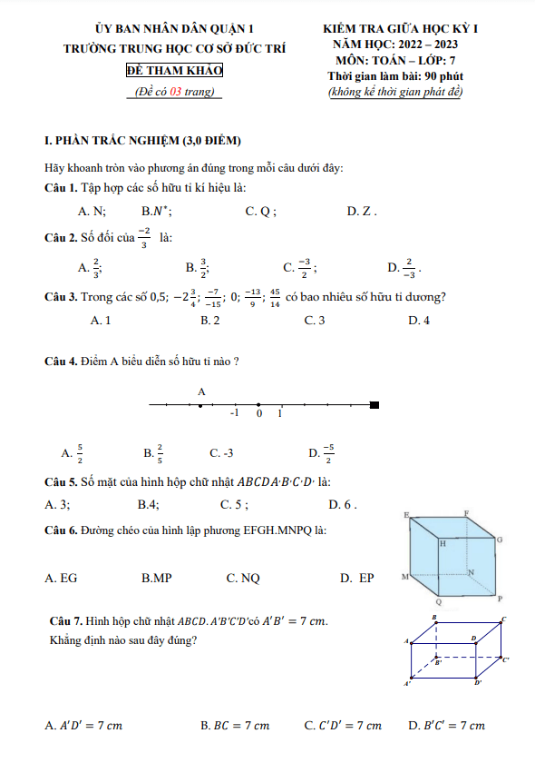 Đề tham khảo giữa học kì 1 (HK1) lớp 7 môn Toán năm 2022 2023 trường THCS Đức Trí TP HCM