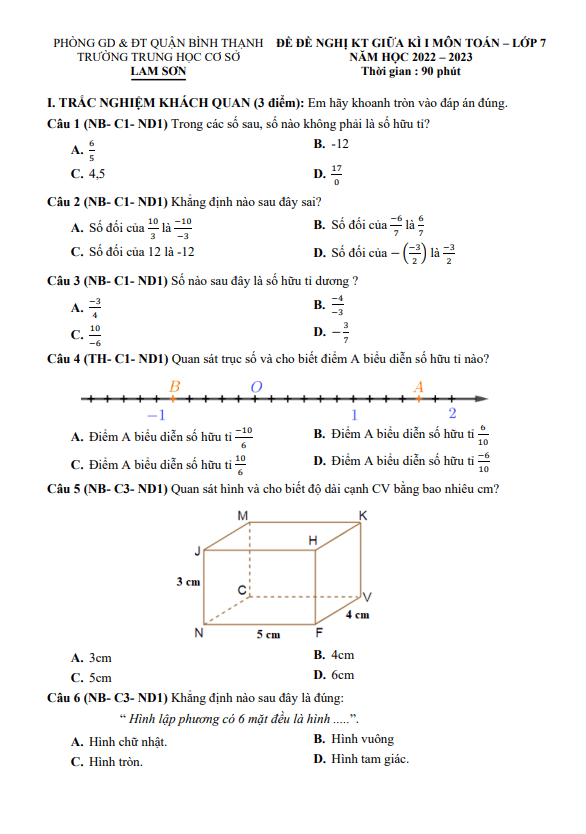 Đề tham khảo giữa học kì 1 (HK1) lớp 7 môn Toán năm 2022 2023 trường THCS Lam Sơn TP HCM