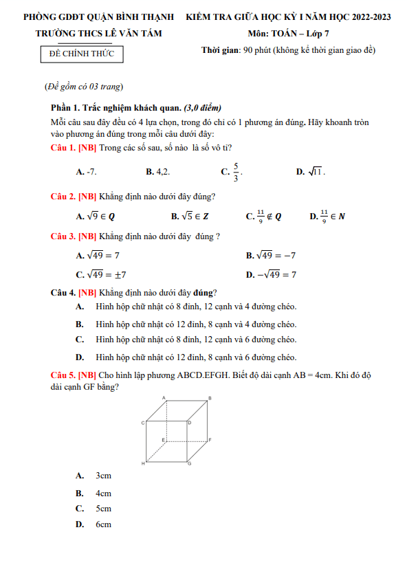 Đề tham khảo giữa học kì 1 (HK1) lớp 7 môn Toán năm 2022 2023 trường THCS Lê Văn Tám TP HCM