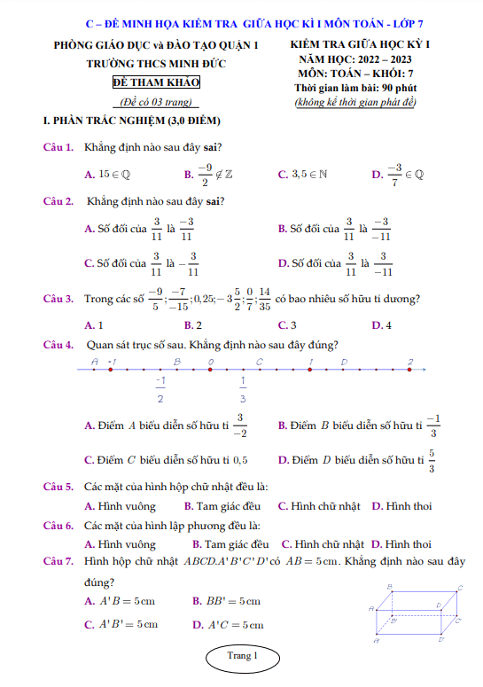 Đề tham khảo giữa học kì 1 (HK1) lớp 7 môn Toán năm 2022 2023 trường THCS Minh Đức TP HCM