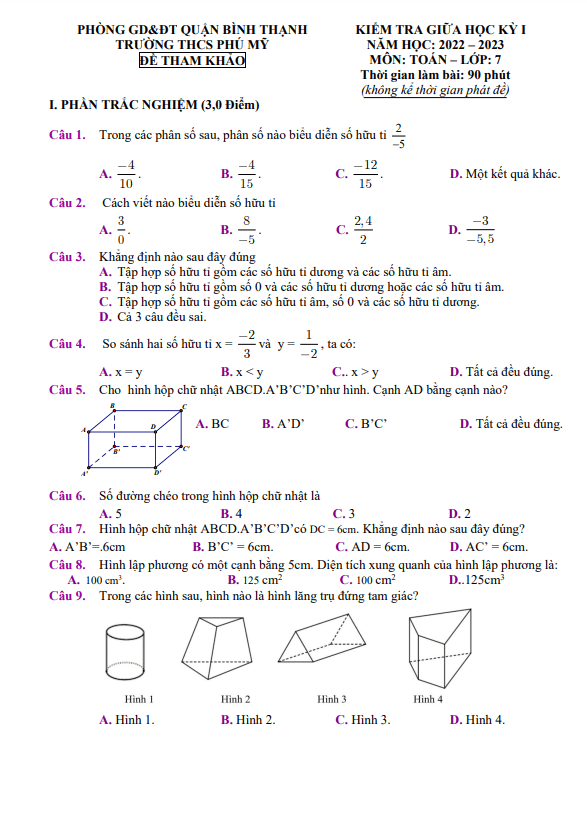 Đề tham khảo giữa học kì 1 (HK1) lớp 7 môn Toán năm 2022 2023 trường THCS Phú Mỹ TP HCM