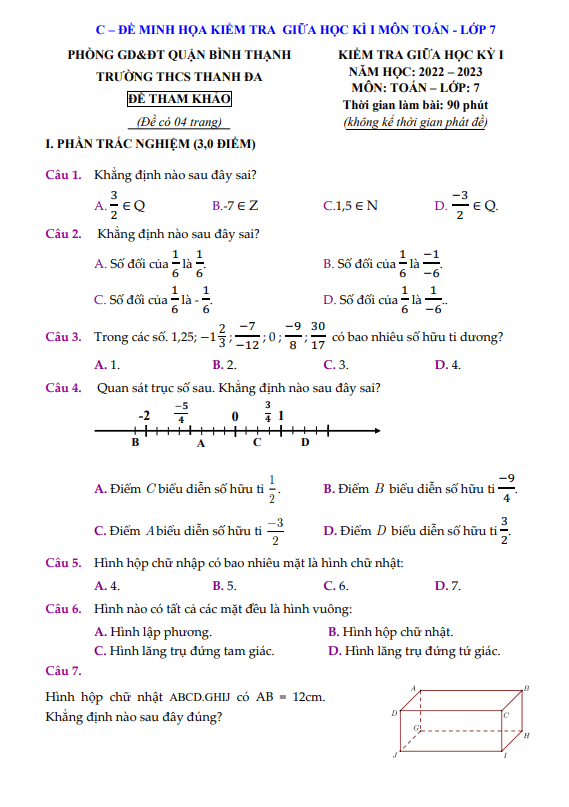 Đề tham khảo giữa học kì 1 (HK1) lớp 7 môn Toán năm 2022 2023 trường THCS Thanh Đa TP HCM