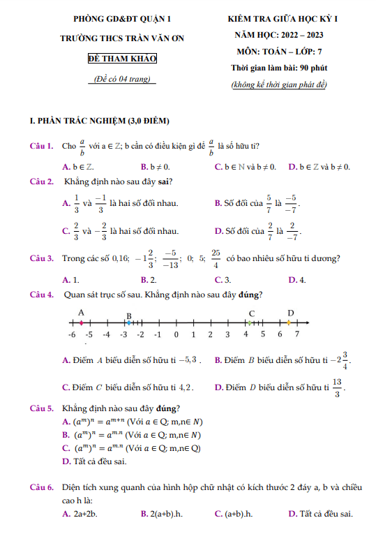 Đề tham khảo giữa học kì 1 (HK1) lớp 7 môn Toán năm 2022 2023 trường THCS Trần Văn Ơn TP HCM