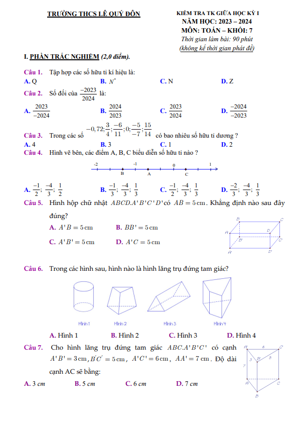 Đề tham khảo giữa học kì 1 (HK1) lớp 7 môn Toán năm 2023 2024 trường THCS Lê Quý Đôn TP HCM