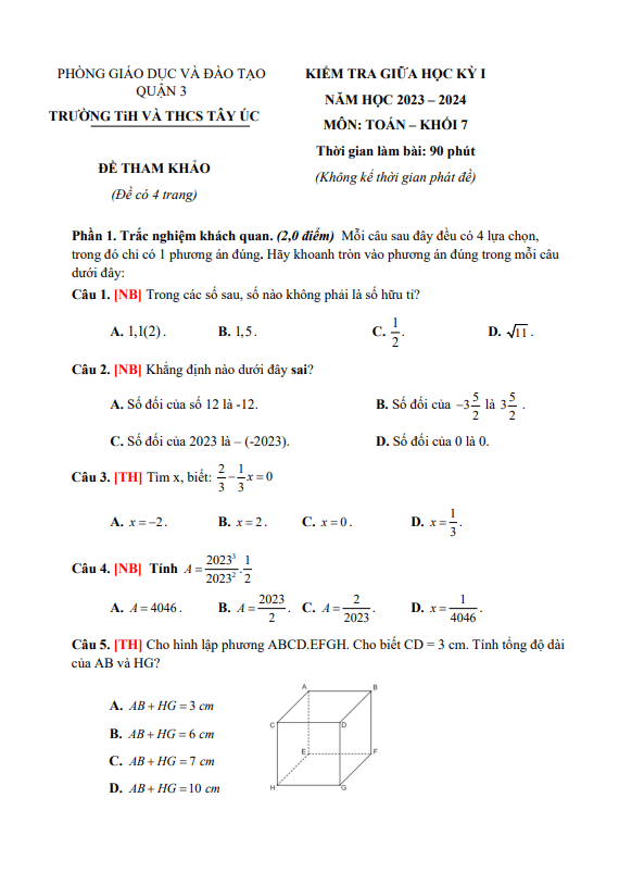 Đề tham khảo giữa học kì 1 (HK1) lớp 7 môn Toán năm 2023 2024 trường TiH THCS Tây Úc TP HCM