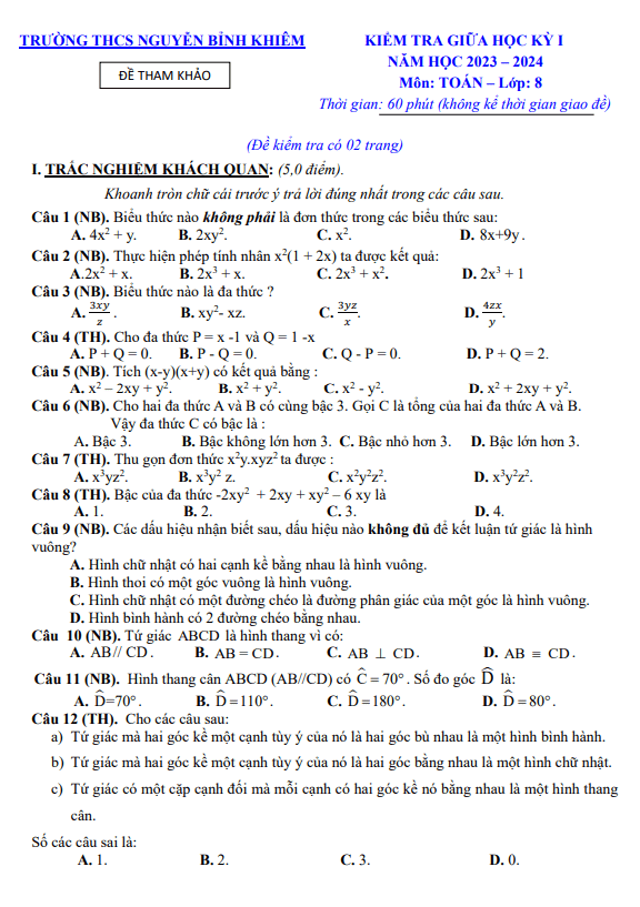 Đề tham khảo giữa học kì 1 (HK1) lớp 8 môn Toán năm 2023 2024 trường Nguyễn Bỉnh Khiêm Quảng Nam