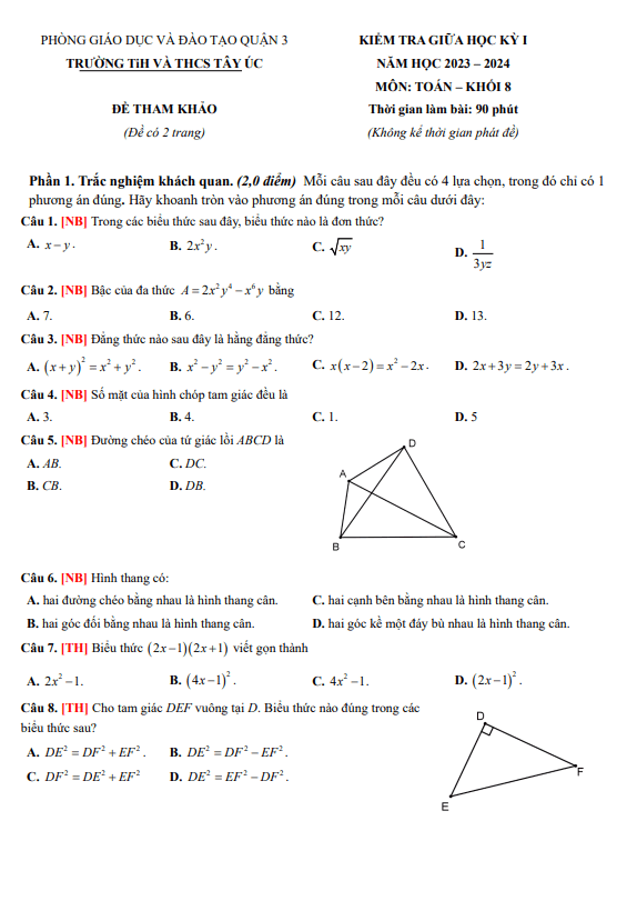 Đề tham khảo giữa học kì 1 (HK1) lớp 8 môn Toán năm 2023 2024 trường TiH THCS Tây Úc TP HCM